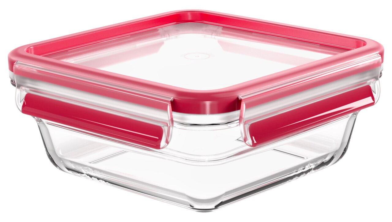 Emsa Frischhaltedose CLIP & CLOSE Quadratische Glasbox mit rotem Deckel, seitliche Perspektive