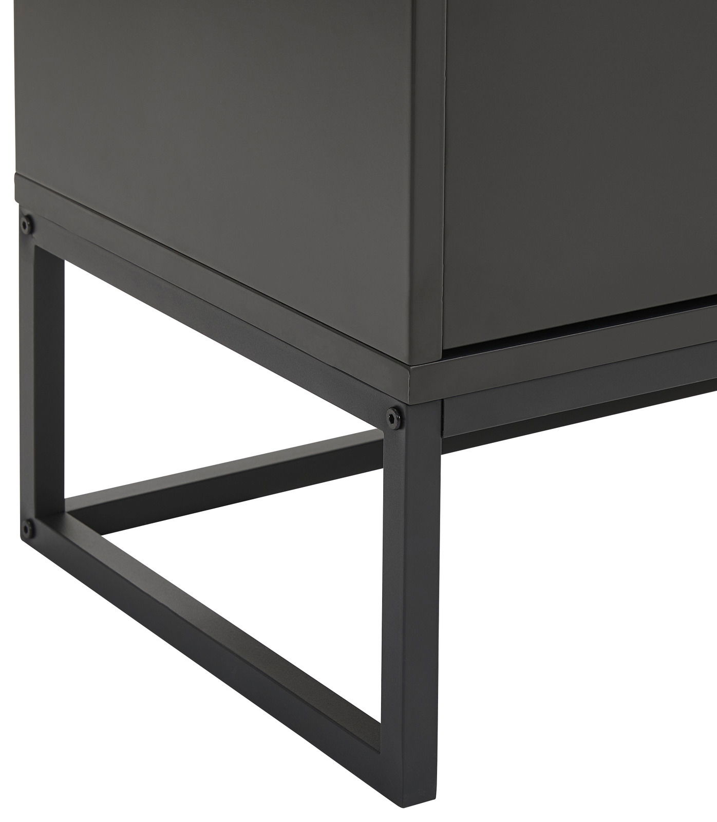 Nahaufnahme eines schwarzen TV-Lowboards mit Metallgestell, seitliche Perspektive