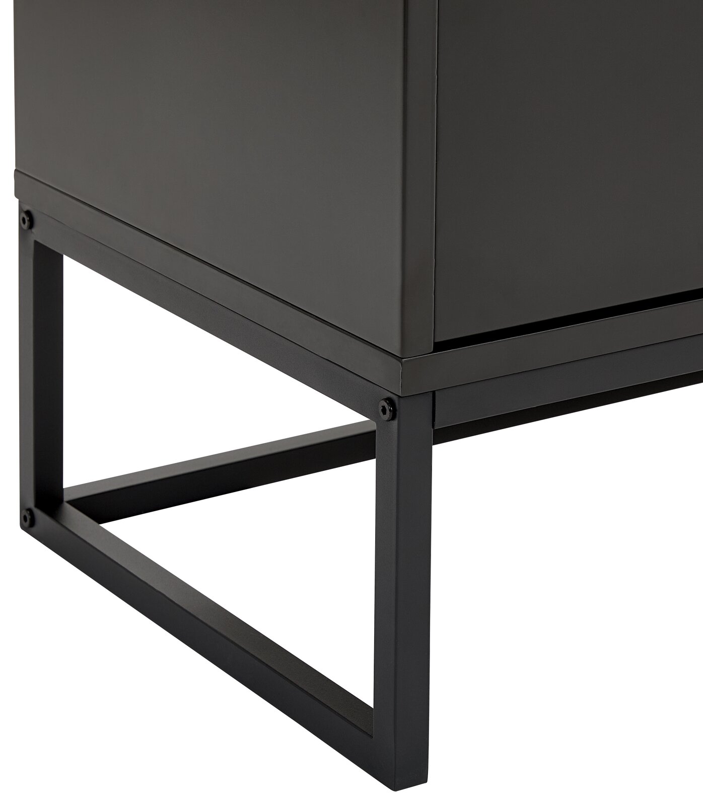 Nahaufnahme eines schwarzen TV-Lowboards mit Metallgestell, seitliche Perspektive