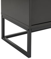 Nahaufnahme eines schwarzen TV-Lowboards mit Metallgestell, seitliche Perspektive