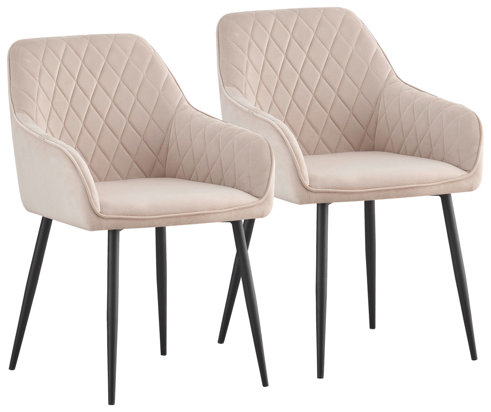 Zwei beige Armlehnstühle mit gestepptem Muster und schwarzen Beinen, seitliche Perspektive