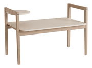 Tischplatte Tiny Table in hellem Holz mit rechteckiger Form und zusätzlicher runder Ablage, seitliche Perspektive