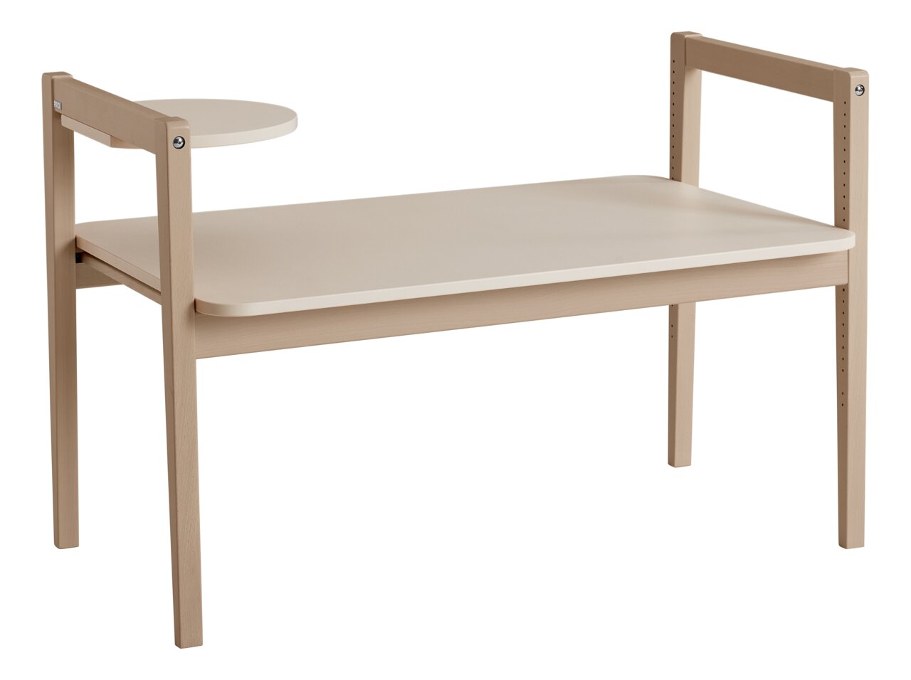 Tischplatte Tiny Table in hellem Holz mit rechteckiger Form und zusätzlicher runder Ablage, seitliche Perspektive