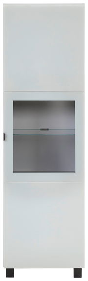 Moderne Vitrine in Weiß mit Glaseinsatz, frontal betrachtet.