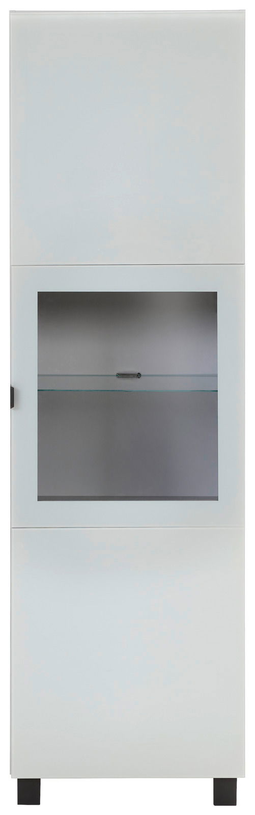 Moderne Vitrine in Weiß mit Glaseinsatz, frontal betrachtet.
