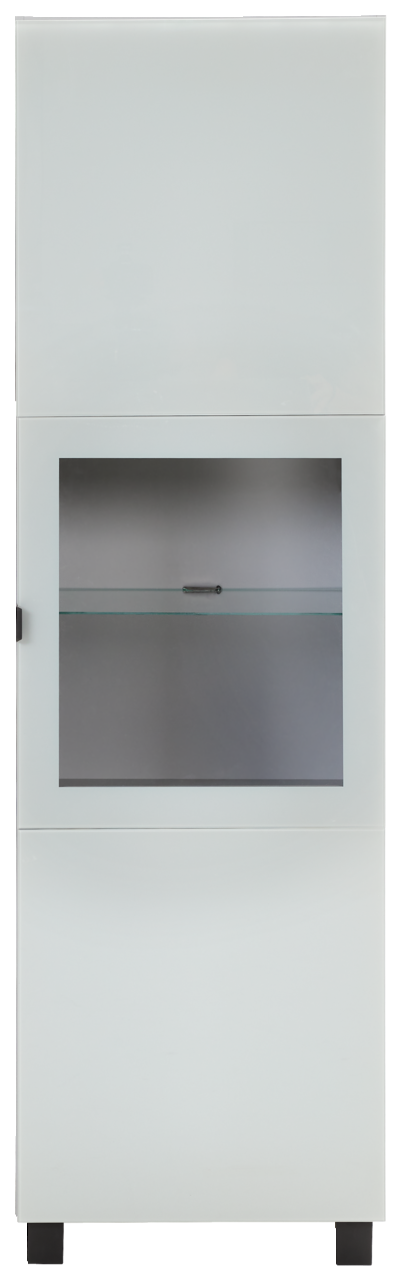 Moderne Vitrine in Weiß mit Glaseinsatz, frontal betrachtet.