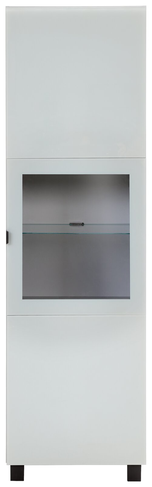 Moderne Vitrine in Weiß mit Glaseinsatz, frontal betrachtet.
