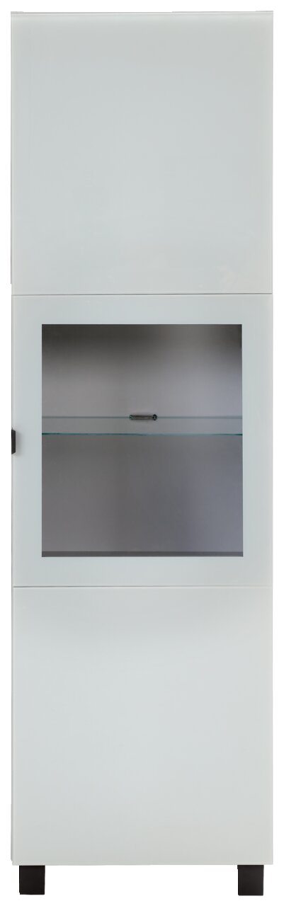 Moderne Vitrine in Weiß mit Glaseinsatz, frontal betrachtet.