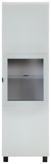 Moderne Vitrine in Weiß mit Glaseinsatz, frontal betrachtet.