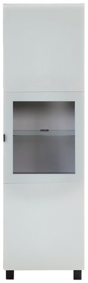 Moderne Vitrine in Weiß mit Glaseinsatz, frontal betrachtet.