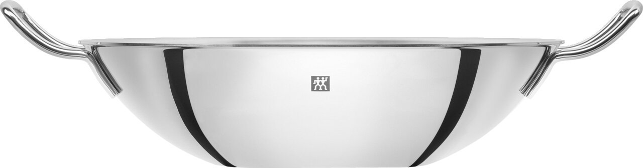 Silberner Wok Plus 32 cm mit zwei Griffen, Seitenansicht