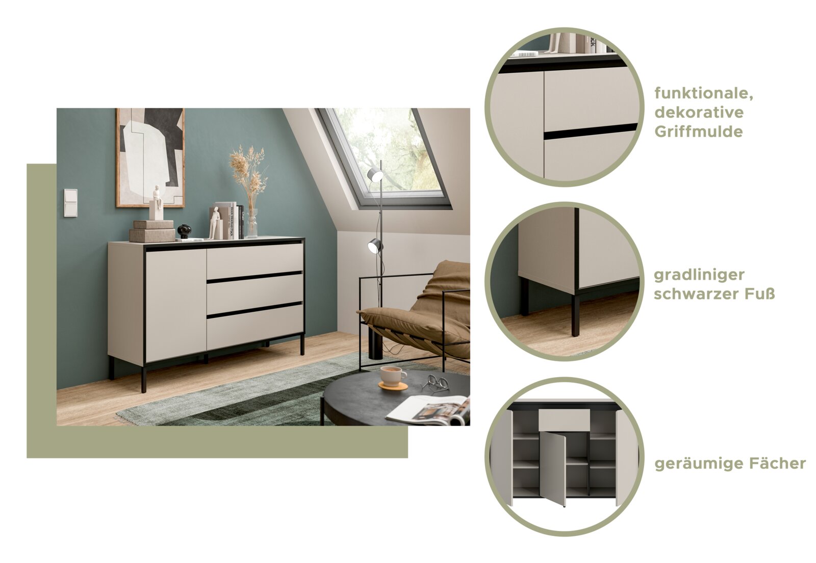 Moderne Kommode mit funktionalen, dekorativen Griffmulden und gradlinigen schwarzen Füßen, aus der Perspektive eines Wohnzimmers mit Dachfenster.