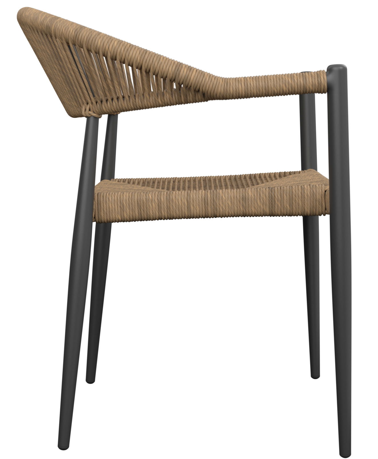 Seitenansicht eines modernen Stapelsessels mit schwarzem Metallrahmen und geflochtener Sitzfläche und Rückenlehne in Naturfarbe.