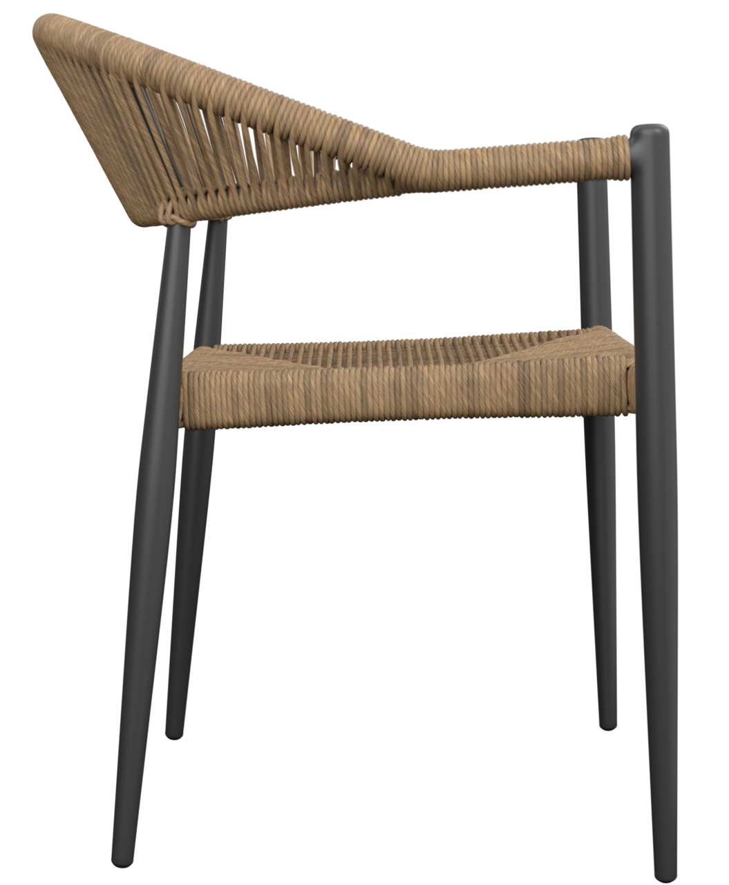 Seitenansicht eines modernen Stapelsessels mit schwarzem Metallrahmen und geflochtener Sitzfläche und Rückenlehne in Naturfarbe.