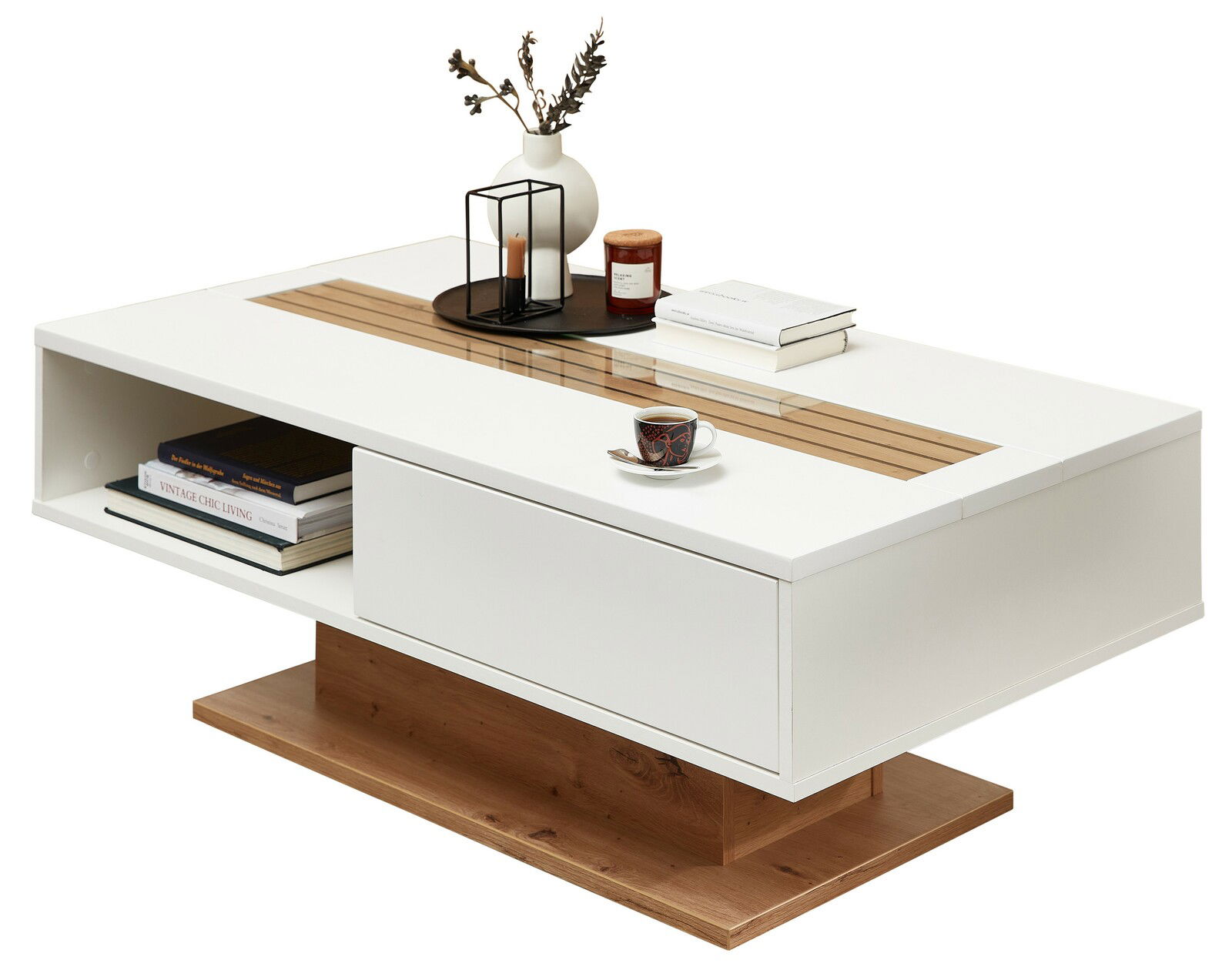 Moderner Couchtisch in Weiß mit Holzdetails, dekoriert mit Büchern, einer Tasse und Kerzen, seitliche Perspektive.