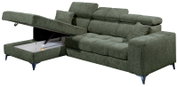 Grünes Ecksofa mit Stauraum, von schräg vorne fotografiert