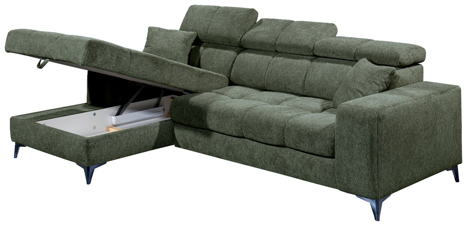 Grünes Ecksofa mit Stauraum, von schräg vorne fotografiert