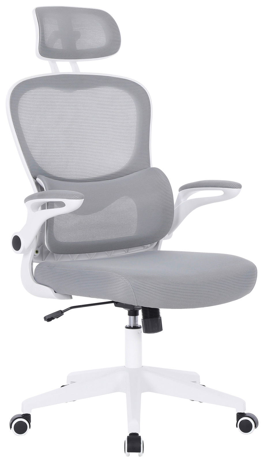 Moderner grauer Drehstuhl mit Kopfstütze und Armlehnen, seitliche Perspektive