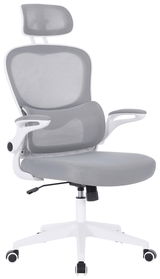 Moderner grauer Drehstuhl mit Kopfstütze und Armlehnen, seitliche Perspektive