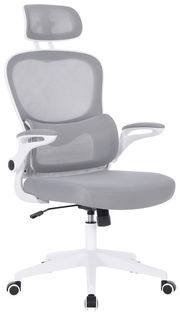 Moderner grauer Drehstuhl mit Kopfstütze und Armlehnen, seitliche Perspektive