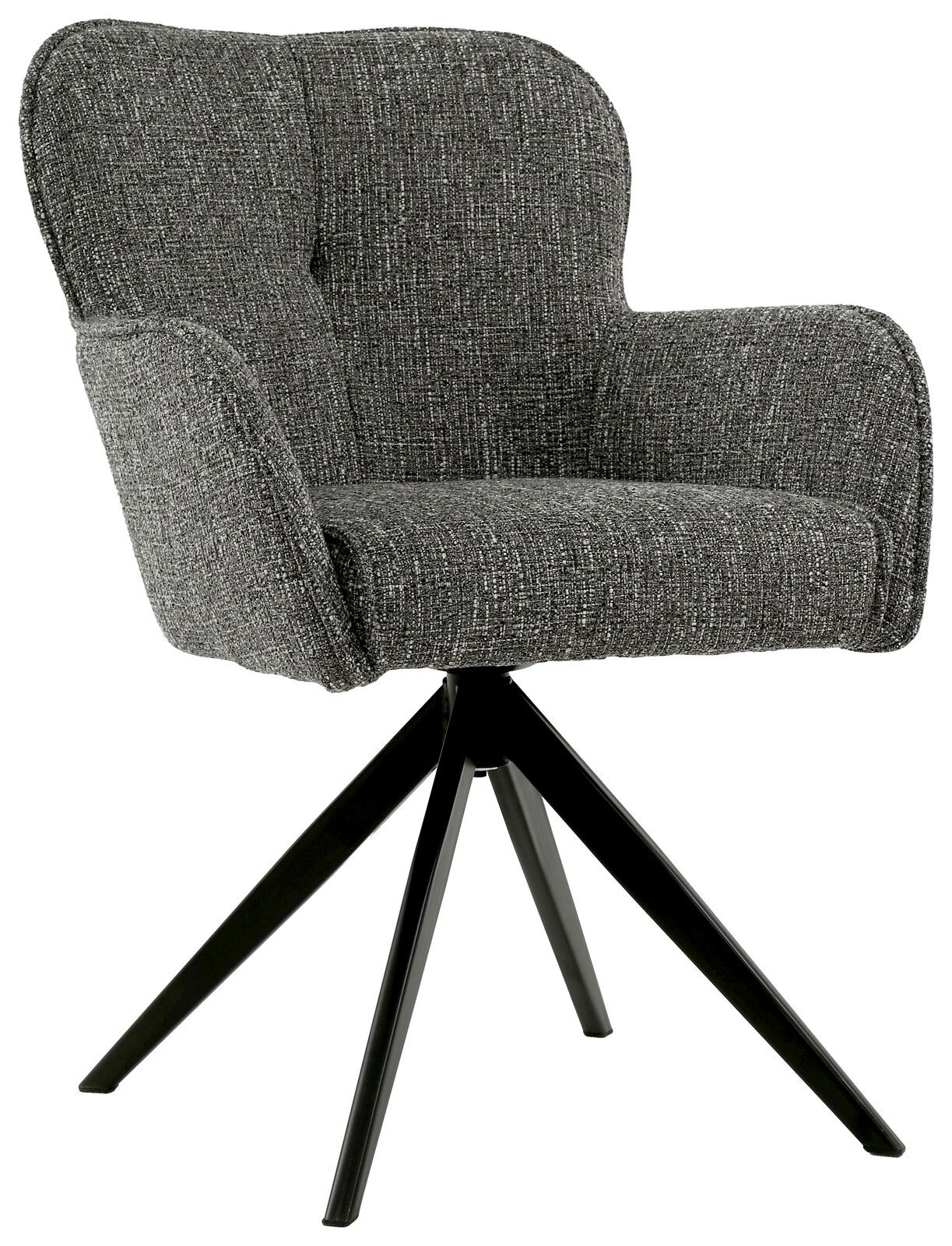 Grauer Armlehnstuhl mit schwarzem Metallgestell, seitliche Perspektive