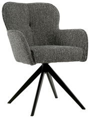 Grauer Armlehnstuhl mit schwarzem Metallgestell, seitliche Perspektive