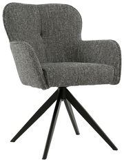 Grauer Armlehnstuhl mit schwarzem Metallgestell, seitliche Perspektive