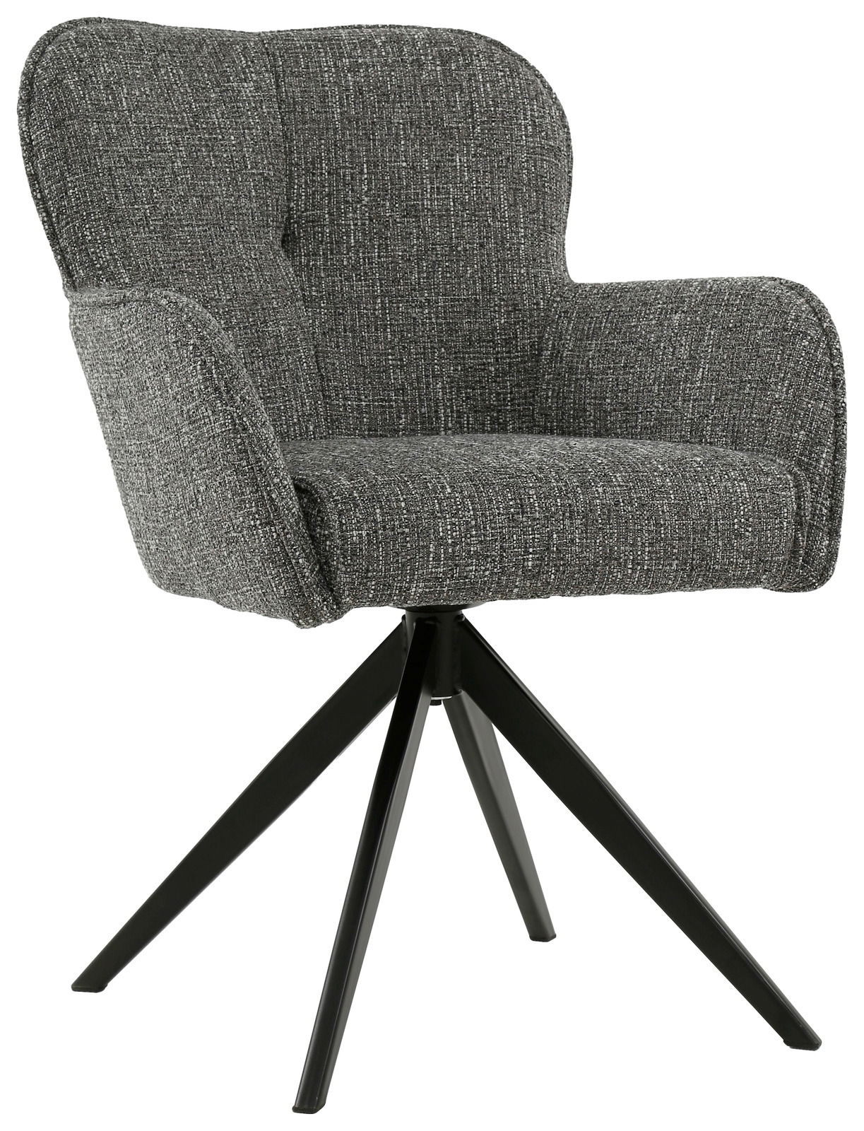 Grauer Armlehnstuhl mit schwarzem Metallgestell, seitliche Perspektive