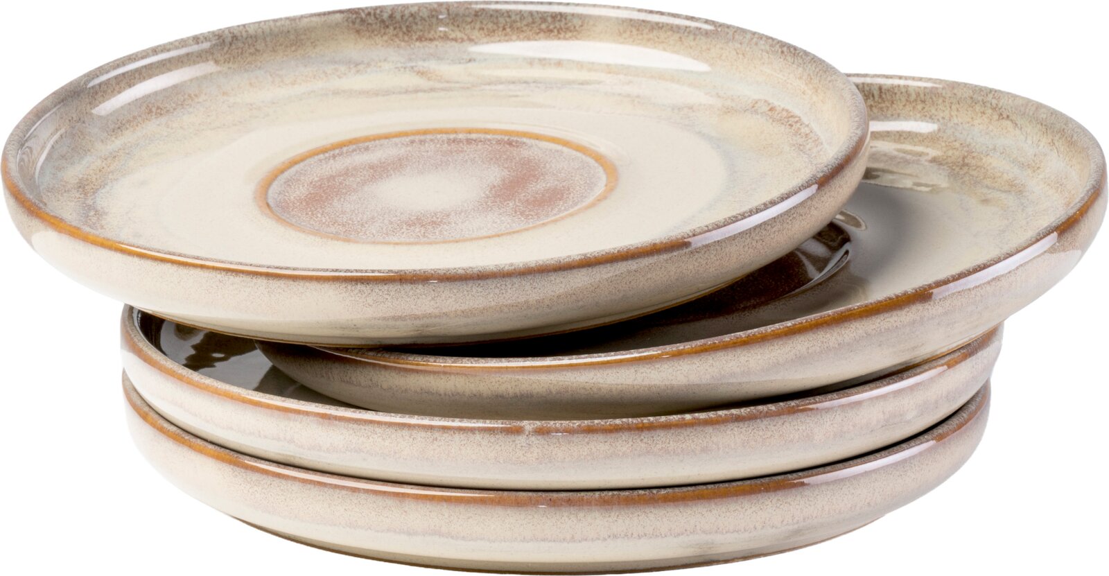 Stapel aus vier glasierten Keramik-Speisetellern in Beige mit braunem Rand und gesprenkelter Oberfläche, in seitlicher Perspektive leicht von oben auf weißem Hintergrund