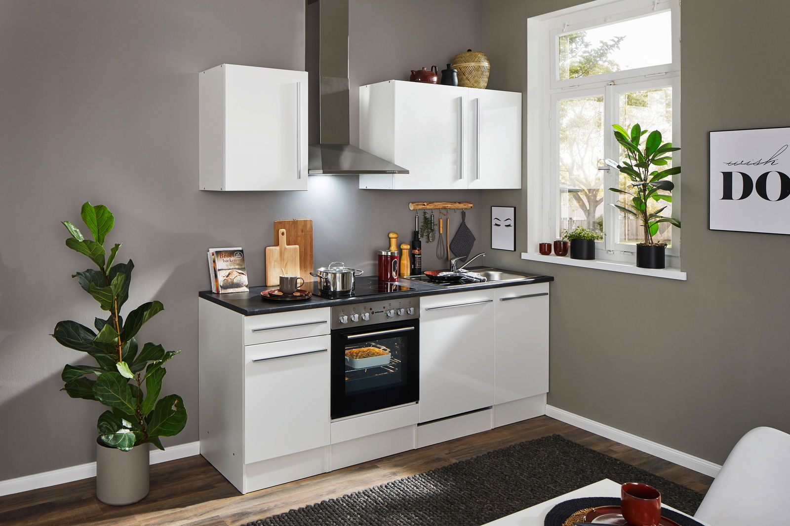 Yourkitchen Küchenblock 220 JAZZ Moderne Küchenzeile in Weiß mit Herd, Dunstabzugshaube und Spüle, seitliche Perspektive