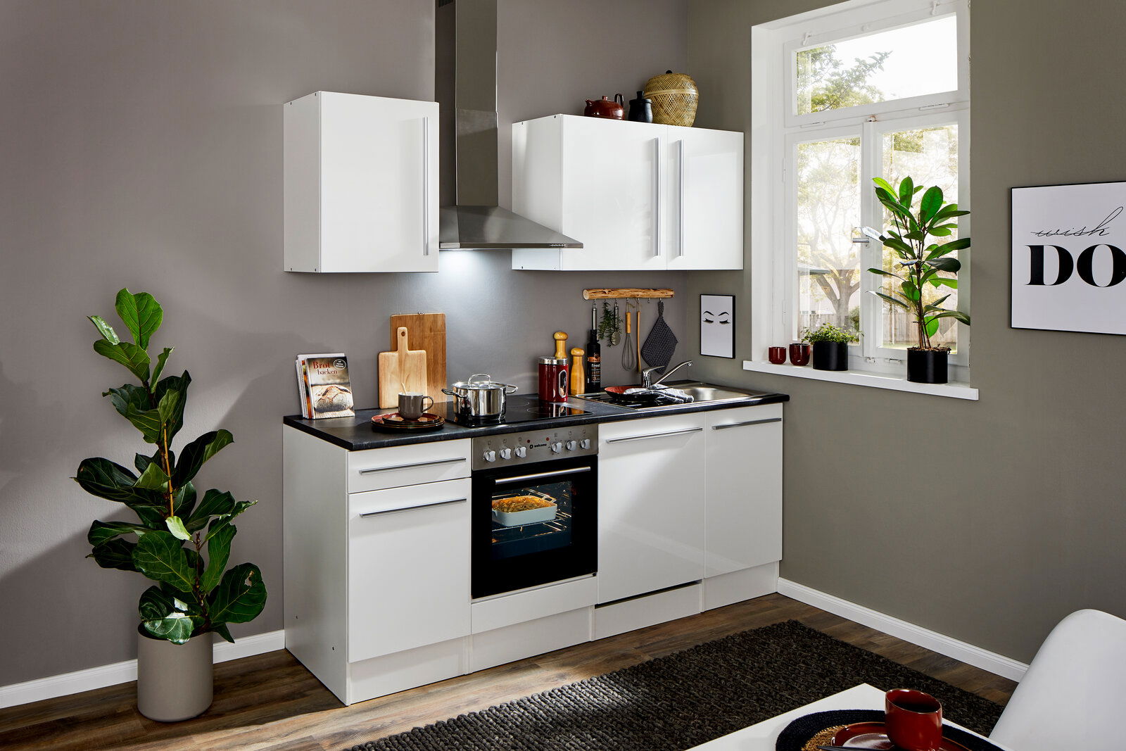 Yourkitchen Küchenblock 220 JAZZ Moderne Küchenzeile in Weiß mit Herd, Dunstabzugshaube und Spüle, seitliche Perspektive