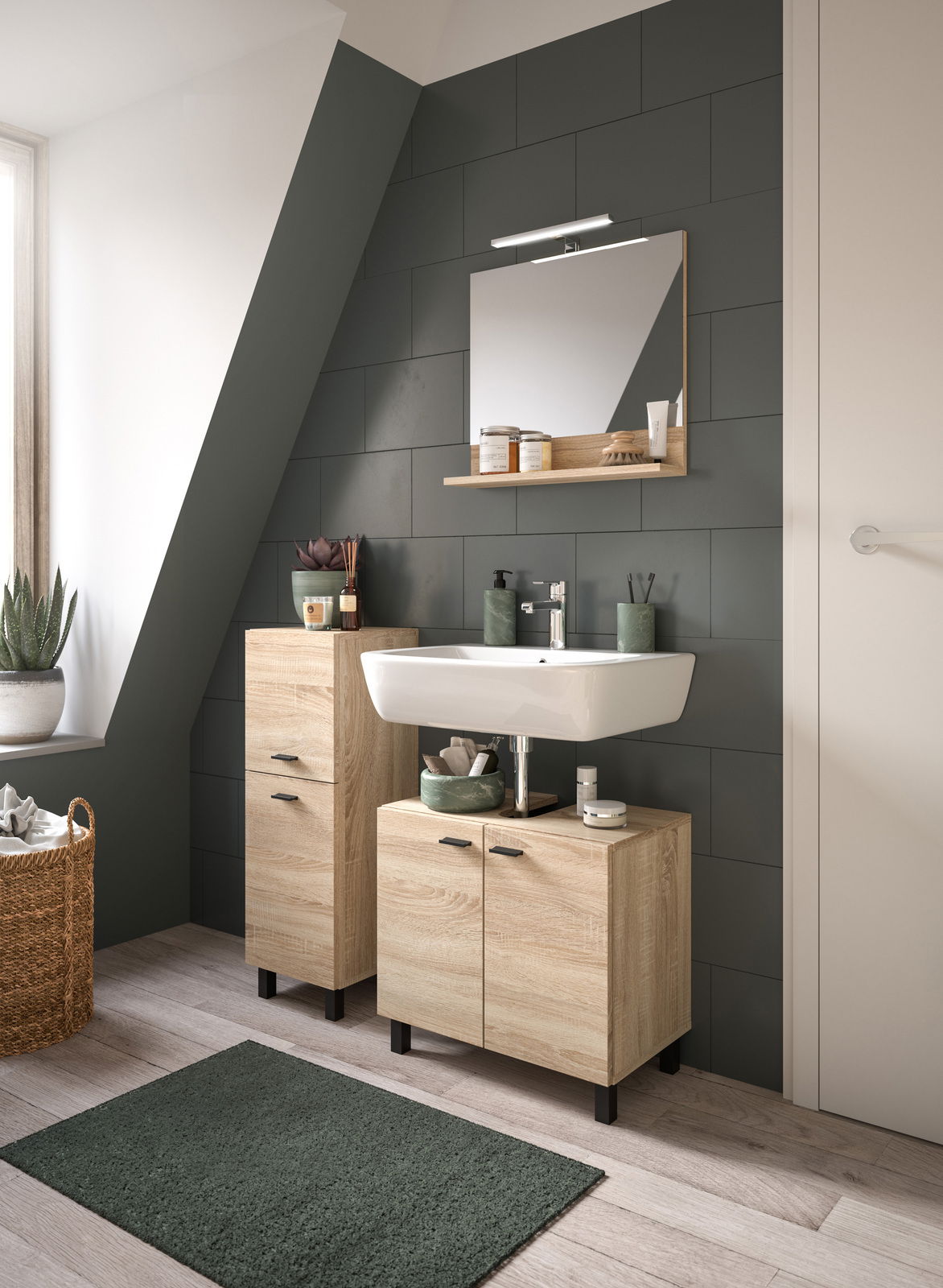 MID.YOU Badschrank BOSTON Moderner Badschrank aus Holz mit Waschbecken und Spiegel, seitliche Perspektive