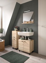 Moderner Badschrank aus Holz mit Waschbecken und Spiegel, seitliche Perspektive