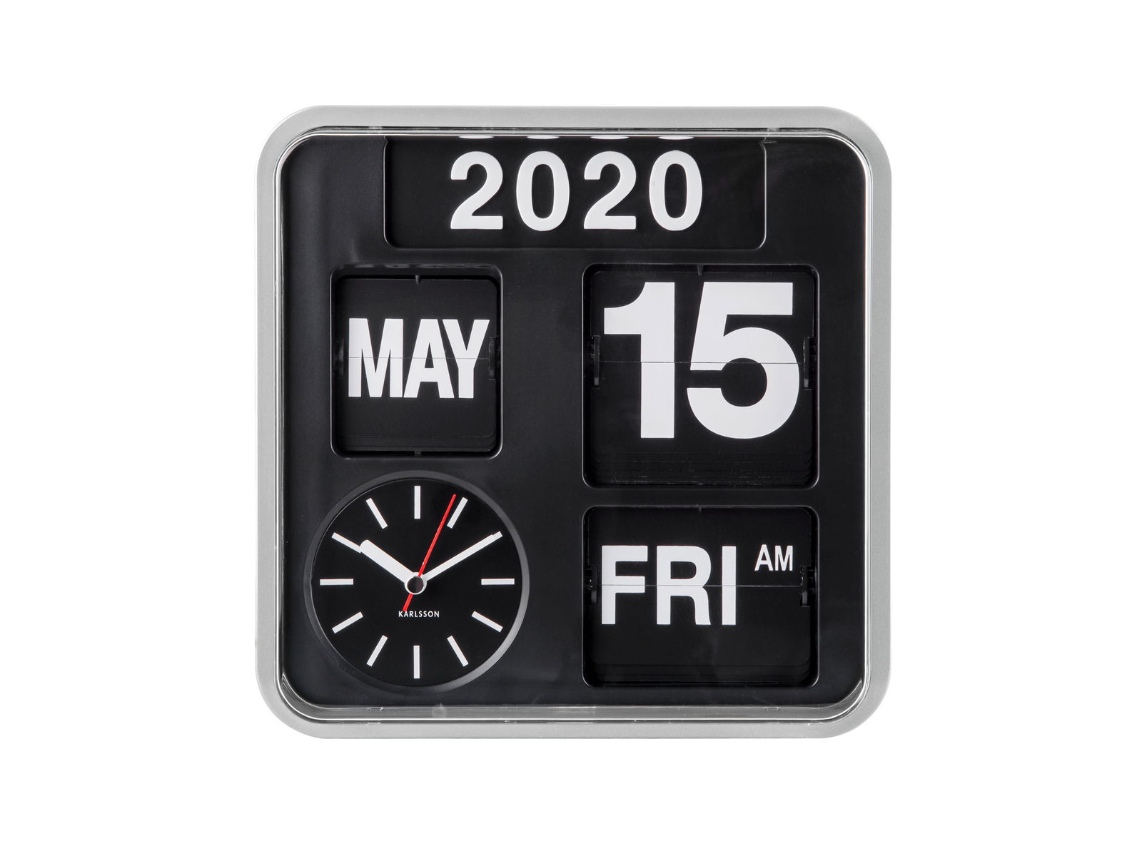 Vorderansicht einer Mini Flip Uhr mit Kalender, zeigt das Datum 15. Mai 2020 und die Uhrzeit Freitag AM an.