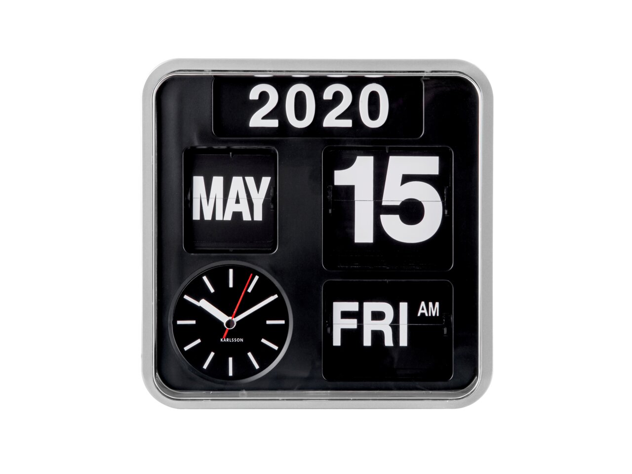 KARLSSON Mini Wanduhr Flip Vorderansicht einer Mini Flip Uhr mit Kalender, zeigt das Datum 15. Mai 2020 und die Uhrzeit Freitag AM an.