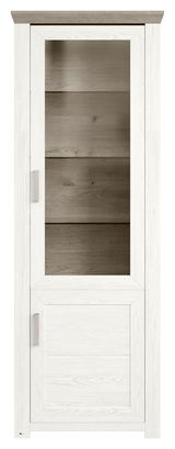 Vitrine in weißer Holzoptik mit Glastür, frontal fotografiert