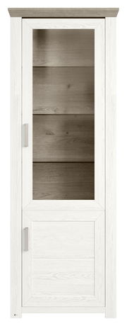 Vitrine in weißer Holzoptik mit Glastür, frontal fotografiert