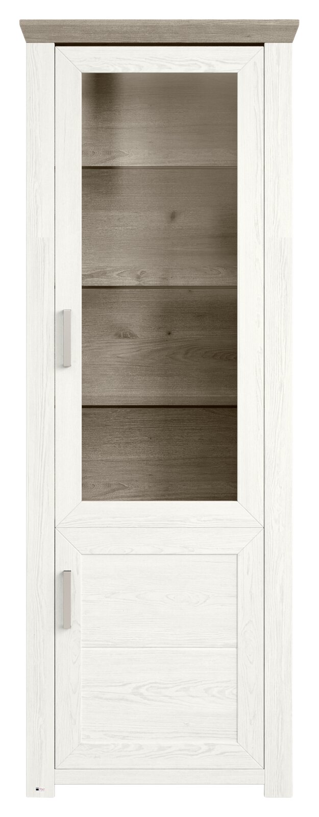 Vitrine in weißer Holzoptik mit Glastür, frontal fotografiert