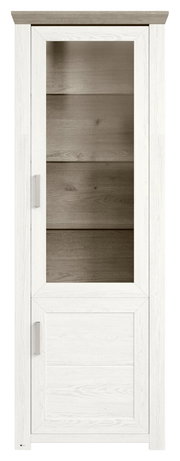 Vitrine in weißer Holzoptik mit Glastür, frontal fotografiert