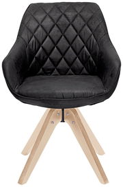 Schwarzer Stuhl mit gesteppter Rückenlehne und hellen Holzbeinen, Frontalansicht