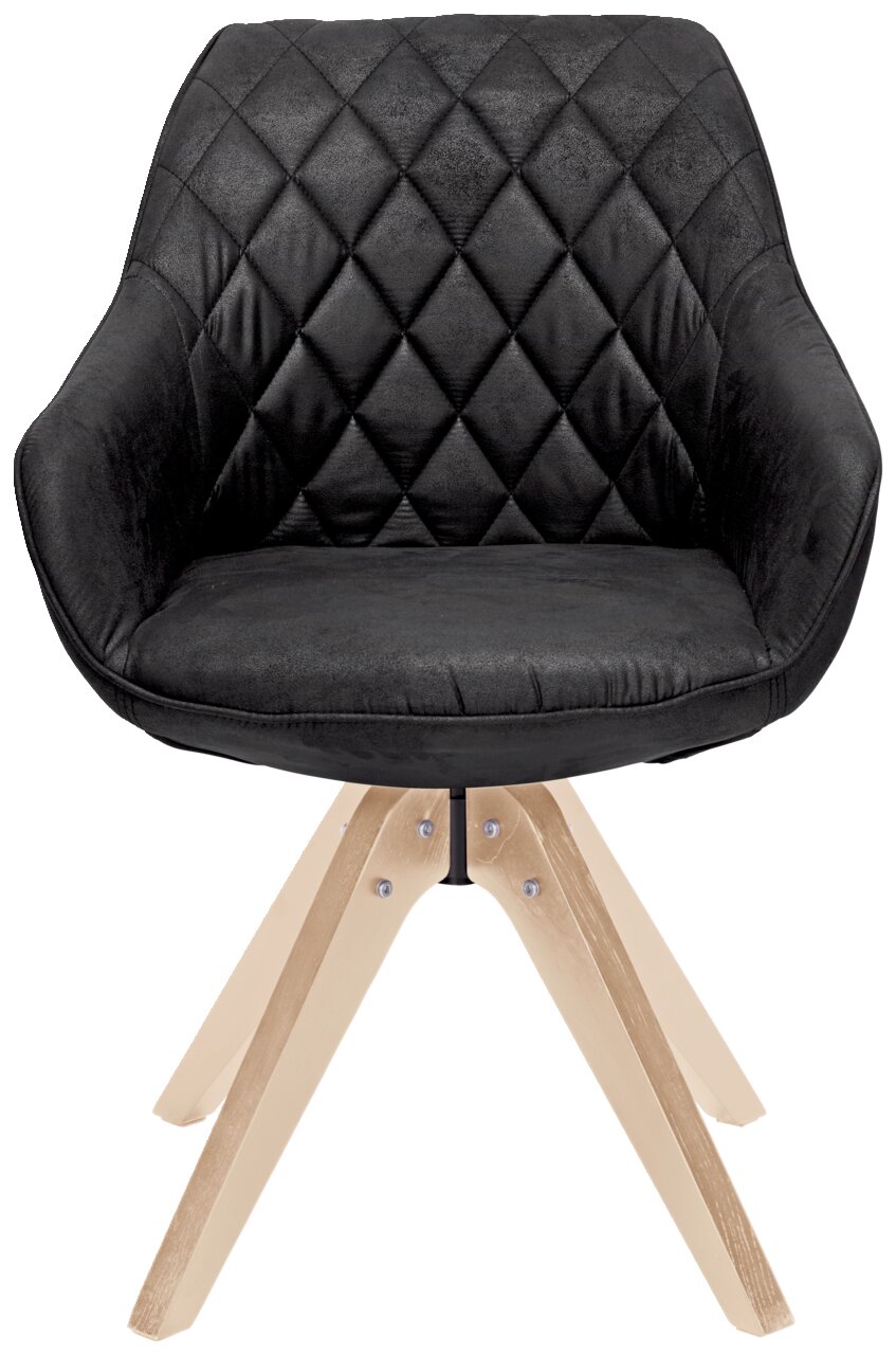 Schwarzer Stuhl mit gesteppter Rückenlehne und hellen Holzbeinen, Frontalansicht