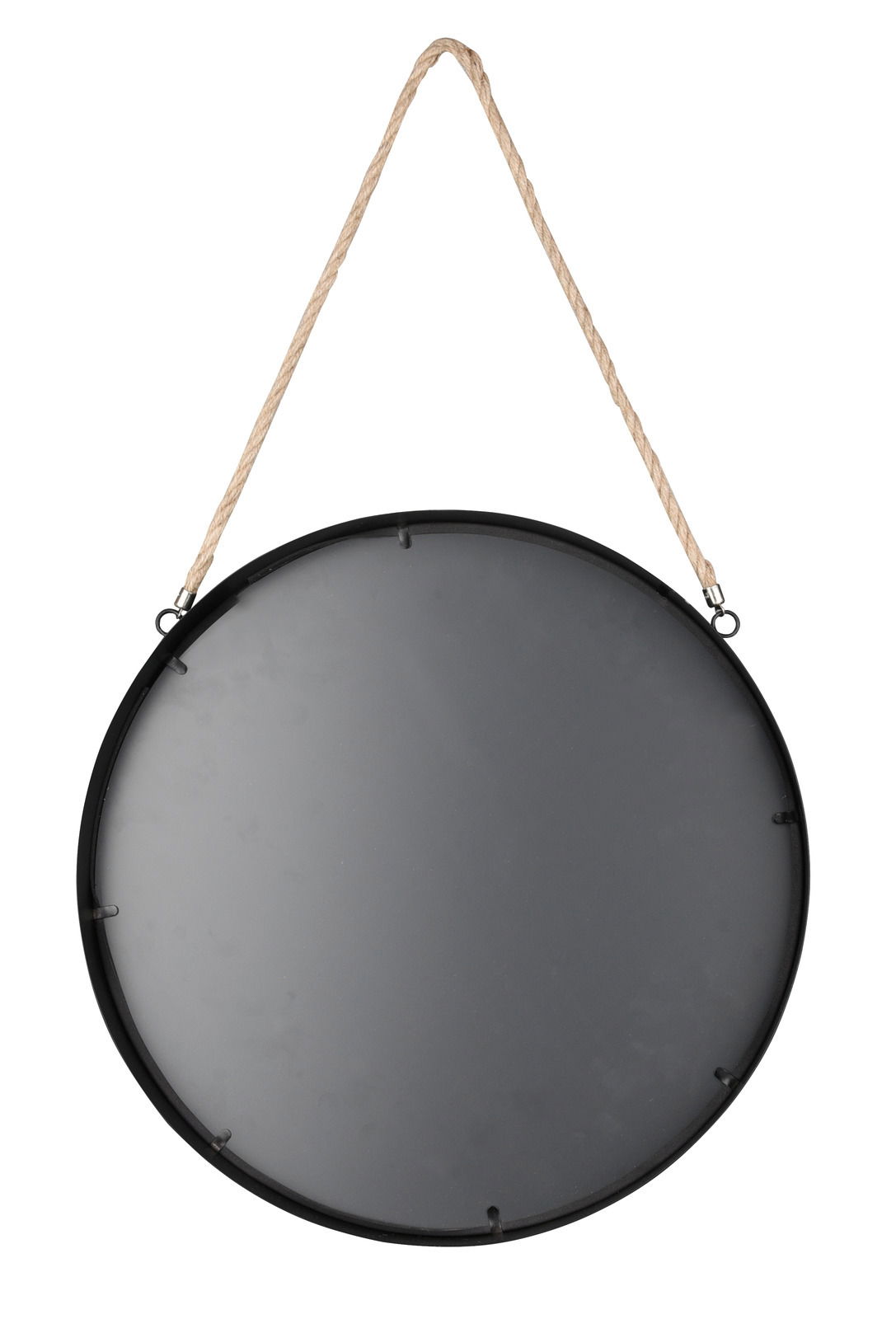 Runder Hängespiegel mit einem Durchmesser von ca. 40 cm, aufgehängt an einem Seil, frontal abgebildet.