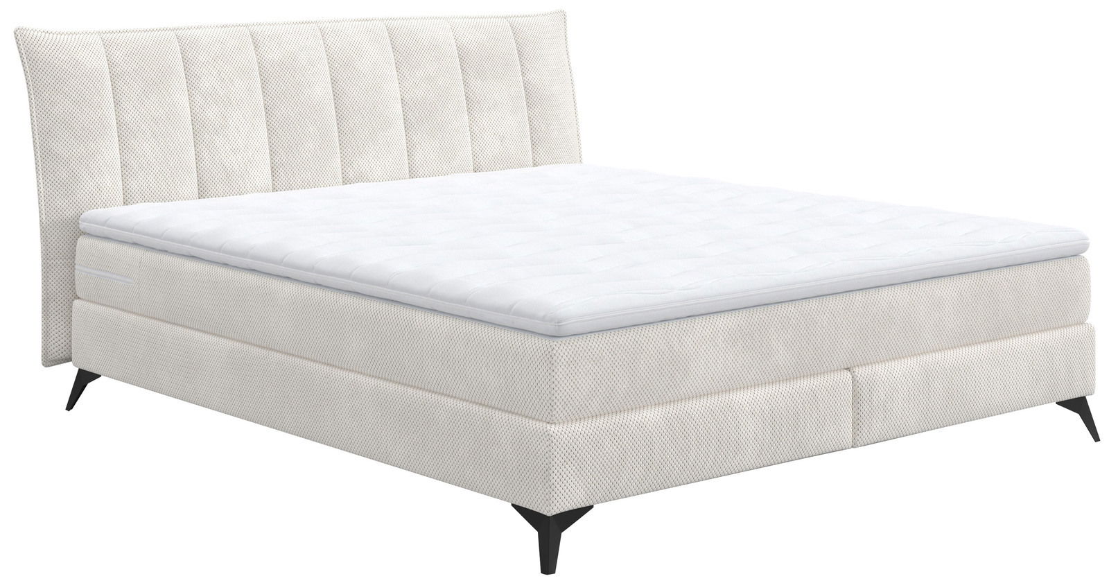 Boxspringbett in seitlicher Perspektive mit hellem Stoffbezug und gepolstertem Kopfteil.