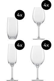 Set aus 16 Gläsern, bestehend aus je 4 Weingläsern, Sektgläsern, Wassergläsern und Rotweingläsern, seitliche Ansicht.