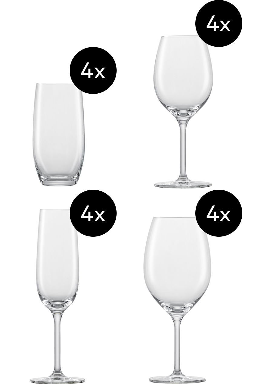 Set aus 16 Gläsern, bestehend aus je 4 Weingläsern, Sektgläsern, Wassergläsern und Rotweingläsern, seitliche Ansicht.