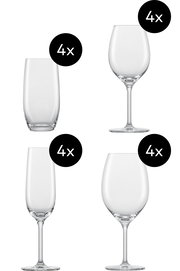 Set aus 16 Gläsern, bestehend aus je 4 Weingläsern, Sektgläsern, Wassergläsern und Rotweingläsern, seitliche Ansicht.