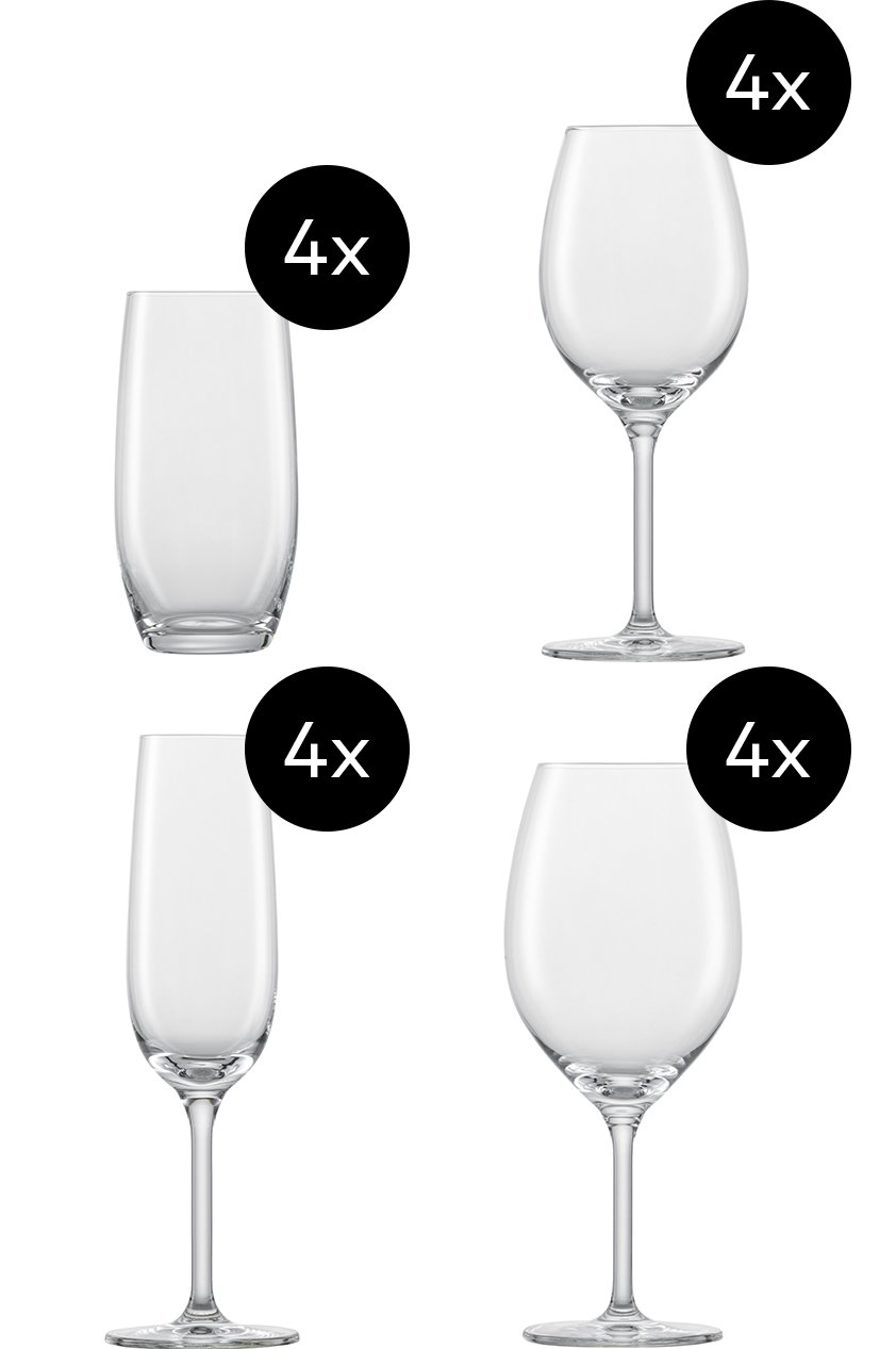 Set aus 16 Gläsern, bestehend aus je 4 Weingläsern, Sektgläsern, Wassergläsern und Rotweingläsern, seitliche Ansicht.