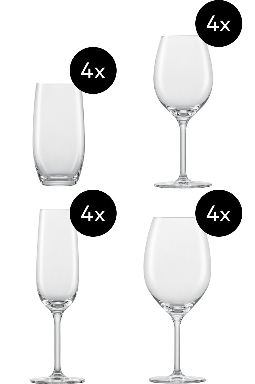 Set van 16 glazen, bestaande uit elk 4 wijnglazen, champagneglazen, waterglazen en rodewijnglazen, zijaanzicht.