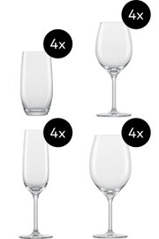Set van 16 glazen, bestaande uit elk 4 wijnglazen, champagneglazen, waterglazen en rodewijnglazen, zijaanzicht.