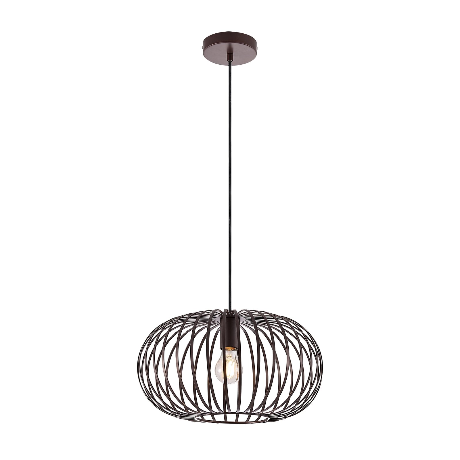 Novel Hängeleuchte FILTON Moderne Hängeleuchte mit schwarzem, drahtigem Lampenschirm und sichtbarer Glühbirne, seitliche Perspektive